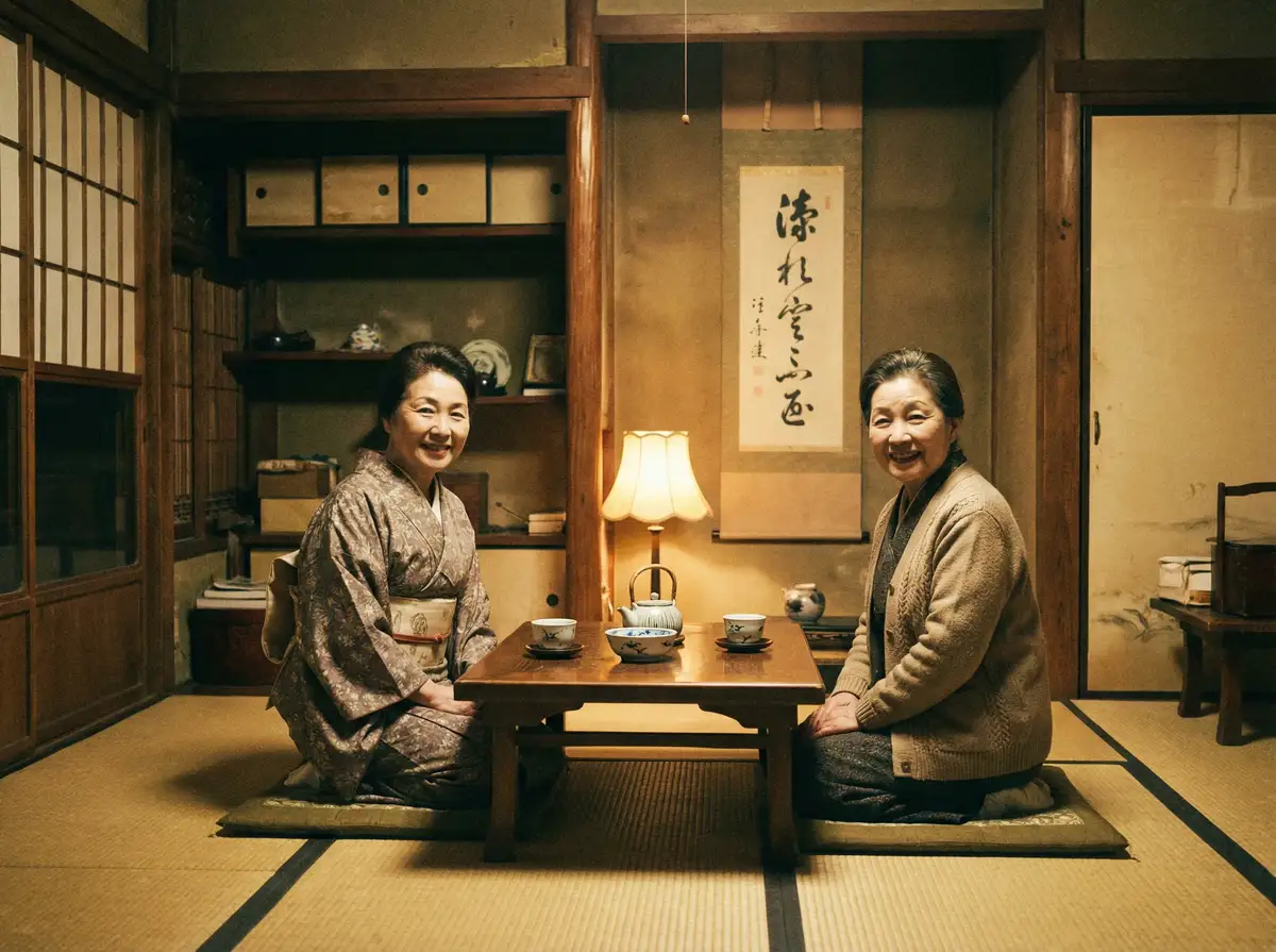 两位优雅的 酷游app 在日式茶室中品茶交谈